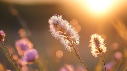 Obraz premium A tight shot of multiple blooms with sunlight filtering through their backs, framing a foreground of green grass