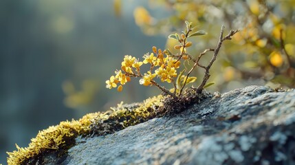  A tiny plant emerges from the moss on a rock against an indistinct backdrop of trees