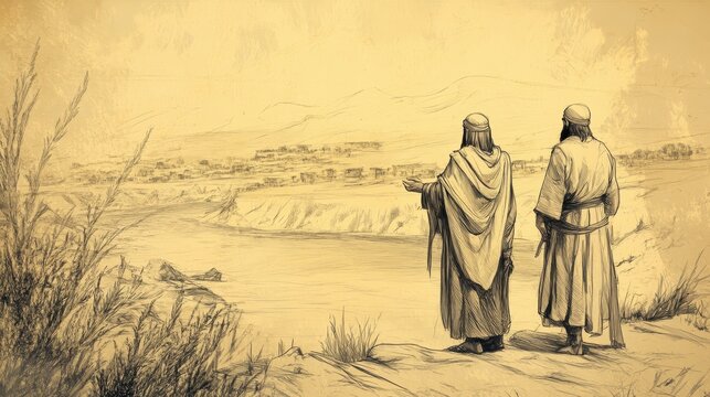 1 Chronicles: Manasseh and Ephraim Leaders by the Jordan River, Engaged in Discussion About Their Inheritance - A Biblical Illustration