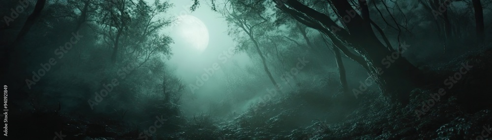 Poster a mysterious, misty forest scene illuminated by moonlight, creating an enchanting and haunting atmos