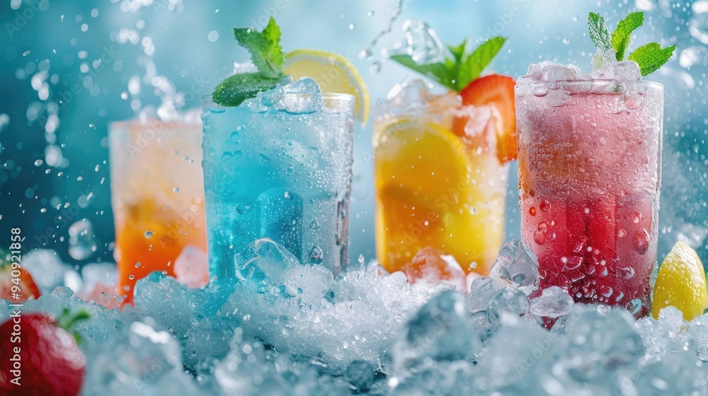Poster a selection of colorful drinks stacked on top of a block of ice