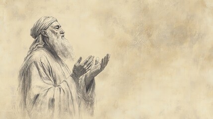 Fototapeta premium Asa Leads Judah in Prayer of Dedication in 2 Chronicles, Seeking God’s Favor and Blessings, Biblical Illustration for Faith-Based Reflection, Beige Background