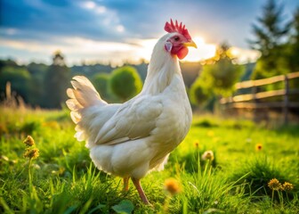 Fototapeta premium This broiler chicken thrives in a free-range environment, roaming freely in lush green pastures, pecking at bugs and plants, its feathers a vibrant shade of golden brown.