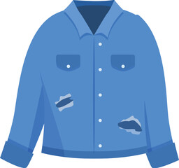 Blue denim jacket showing wear and tear with holes on the sleeves, a classic and timeless fashion piece