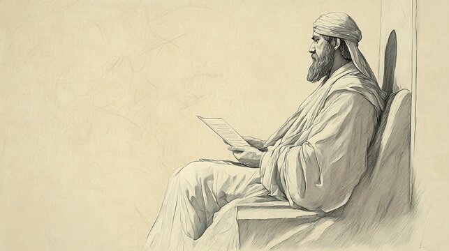 Asa Contemplates Letter to Ben-Hadad in 2 Chronicles, Sitting Thoughtfully in Royal Chamber, Biblical Illustration for Faith-Based Reflection, Beige Background