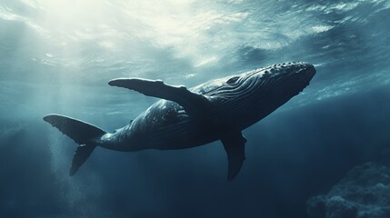 Fototapeta premium Humpback whale swimming gracefully through deep blue ocean water with sunbeams filtering down from the surface.