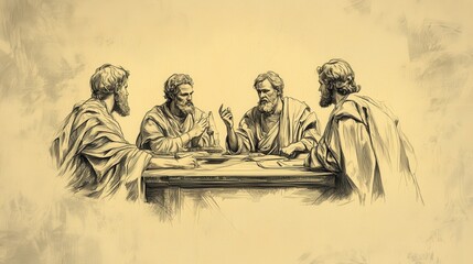 David’s sons gathered around a table, discussing their futures and legacy, capturing the moment of leadership and heritage, ideal for historical and religious content
