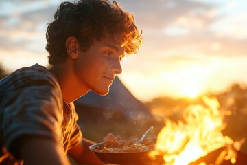 Embracing Tradition: Gen Z Man Cooks Over Open Fire, Enjoying Tech-Free Moment Outdoors