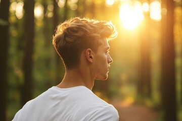 Embracing Nature: Gen Z Man Running on Secluded Forest Trail for Tech-Free Fitness Routine