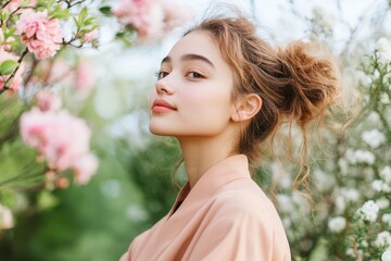 Naklejka premium Serene Gen Z Woman Engaged in Traditional Tea Ceremony for Digital Detox in a Garden Setting
