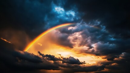 Fototapeta premium Spectacular sunset with a vibrant rainbow arcing across dramatic dark clouds, creating a stunning natural contrast in the sky.