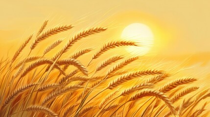 A realistic depiction of golden wheat swaying in the wind, with the backdrop of a setting sun.