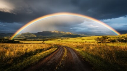 Stunning rainbow arches over a serene country road and golden fields with dramatic clouds in the sky.