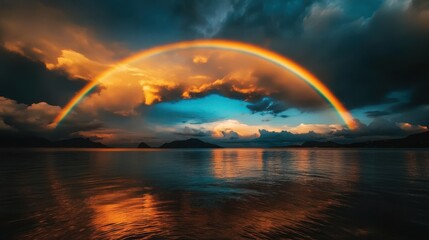 Stunning rainbow arches over a serene lake during a dramatic sunset, with colorful reflections in the calm water. © Santorn