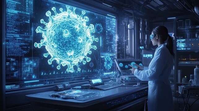 Scientist analyzing virus on advanced holographic interface in high-tech lab - Powered by Adobe