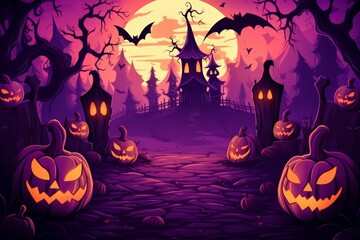 Fototapeta premium Halloween wallpaper. Purple themed haunted and spooky Halloween landscape.