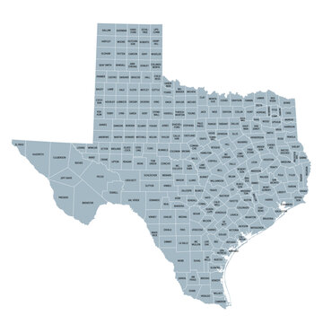 Texas, U.S. state, gray political map with borders and county names. State in the South Central region of the United States, subdivided into 254 counties. Nicknamed The Lone Star State. Illustration