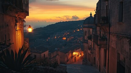 A romantic view of Ragusa Ibla at dusk, with the town's lights twinkling against the backdrop of a Sicilian sunset.