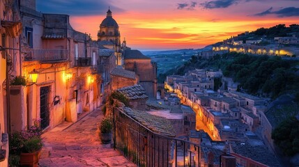 A romantic view of Ragusa Ibla at dusk, with the town's lights twinkling against the backdrop of a Sicilian sunset.