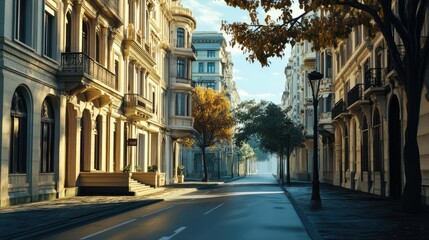 Naklejka premium A scenic city street featuring classical architecture, with an empty road inviting exploration and reflection. -
