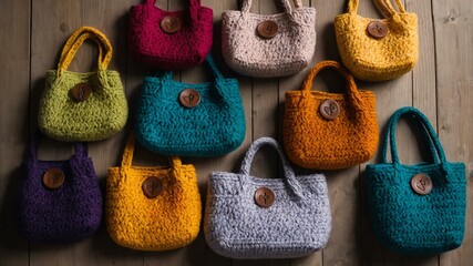 flat lay crochet bags or purses in a cozy plain bac background