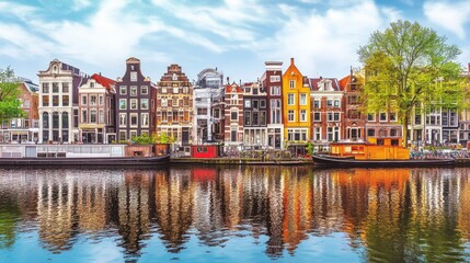 Fototapeta premium A scenic shot of Amsterdam canal-side houses, reflecting the city's rich history and architectural beauty.