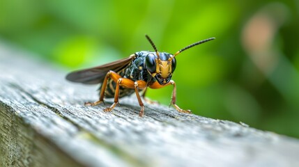  A tight shot of a yellow and black insect perched on a weathered wood, surrounded by a hazy backdrop of green foliage