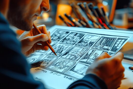 a storyboard artist sketching out a sequence of frames for animation