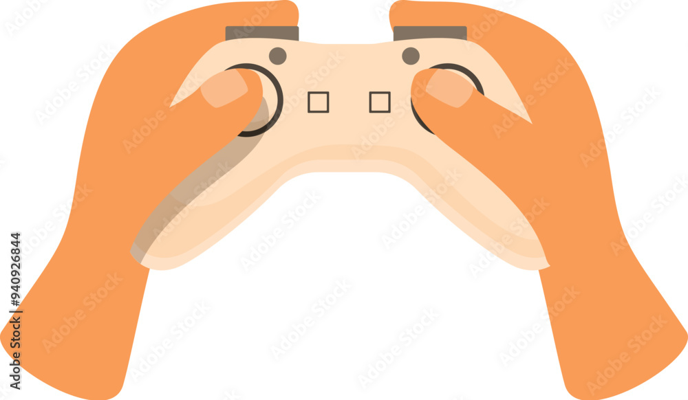 Poster hands holding a video game controller, playing a console