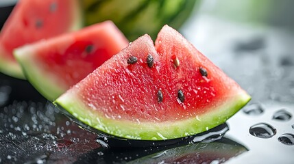  A watermelon slice atop the table, adjacent to another with seeds