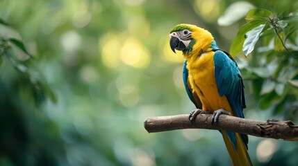 Obraz premium A parrot, colored blue and yellow, perches on a tree branch against a backdrop of green leaves