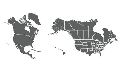 A high-quality grey-tone North America map with regions. United States, Canada, Mexico, ideal for use in educational materials and infographics. © K