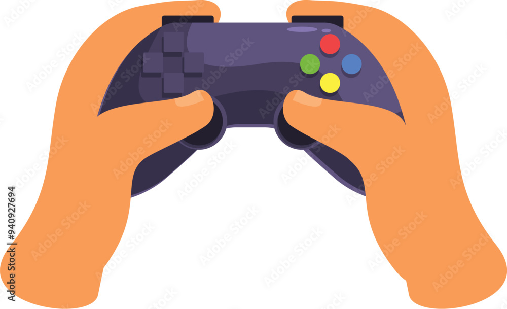 Poster hands holding a video game controller, playing a console
