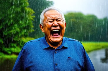 Fototapeta premium upset depressed senior Asian man screaming, crying at street under rain. shock, emotional breakdown