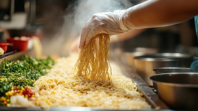 A chef's hand skillfully sprinkles fresh noodles onto a colorful bed of ingredients, showcasing the art of culinary preparation.