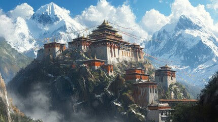 A serene Tibetan Buddhist monastery perched on a mountainside, surrounded by prayer flags and snow-capped peaks.