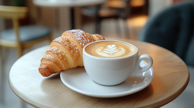A cozy setting featuring a cup of latte art and a fresh croissant on a wooden table, perfect for breakfast or coffee breaks.