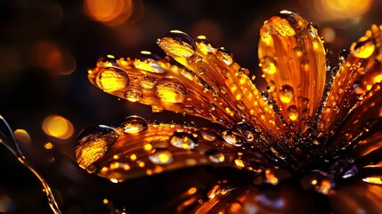  A crisp close-up of a yellow flower with dewdrops on its petals, while the background softly blurs