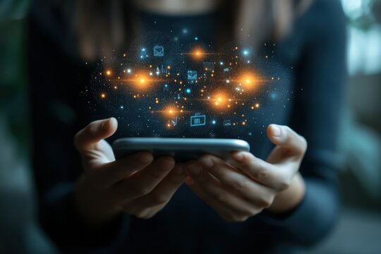 Smartphone with floating digital icons and network