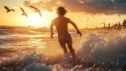 A surfer in colorful swimwear sprints toward crashing waves, capturing summer's vibrant essence.
