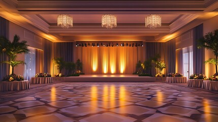 Bright and Inviting Event Space with a Stage, Soft Lighting, and Patterned Floor