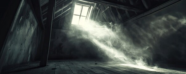 A serene attic scene with soft light filtering through a window, casting ethereal shadows and creating a tranquil atmosphere.