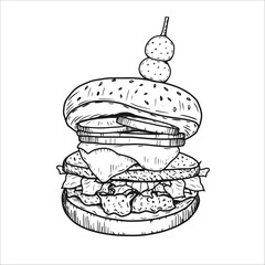 Watercolor Cheeseburger with cheese, onion, tomato, vector illustration