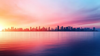 A breathtaking skyline silhouetted against a vibrant sunset, reflecting hues of orange and blue upon a calm water surface.