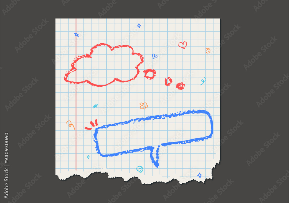 Poster piece of page with red and blue color speech bubbles. dialog handwriting doodle text boxes written b