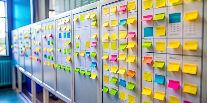 Close-up of a software kanban scrum agile board with paper tasks in an agile software development environment, kanban