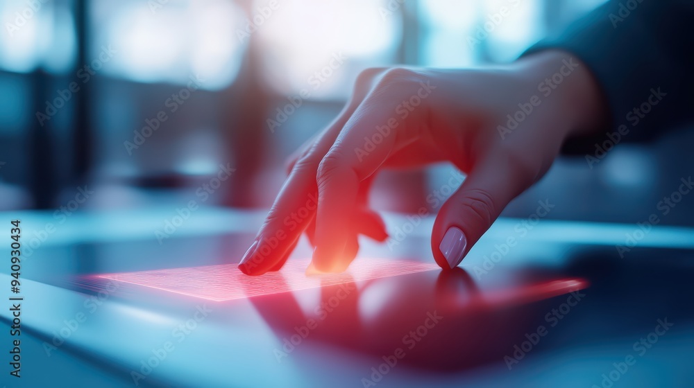 Poster a close-up of a hand interacting with a futuristic touchscreen interface featuring a glowing display
