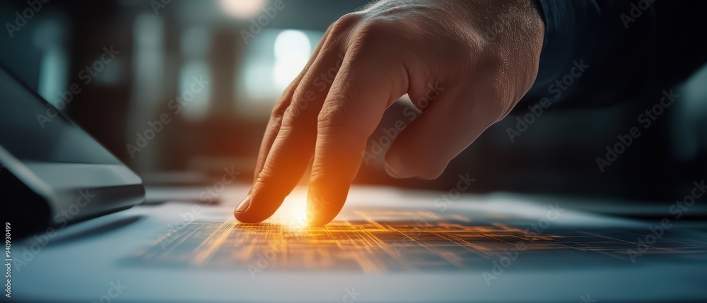 Poster a close-up of a hand interacting with a glowing digital interface, showcasing modern technology and 
