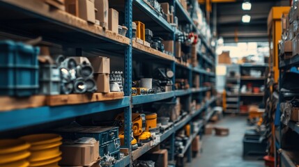 Naklejka premium A well-organized warehouse showcasing various tools and equipment on shelves, ideal for industrial and commercial use.