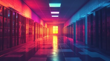 Fototapeta premium A vibrant, colorful hallway with reflections, showcasing an artistic blend of light and shadows.